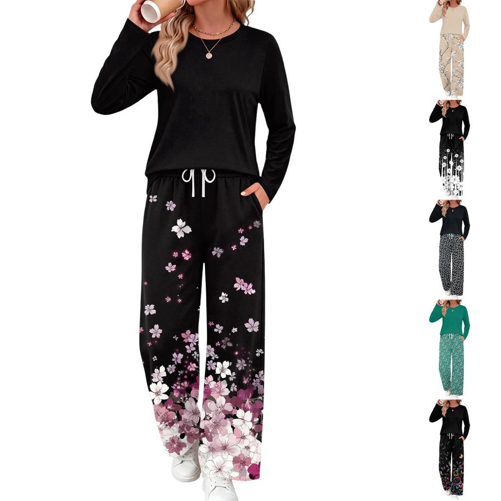 Women's Casual Printed Long Sleeve Round Neck Loose Fit Pajama Set with Pockets for Home Wear