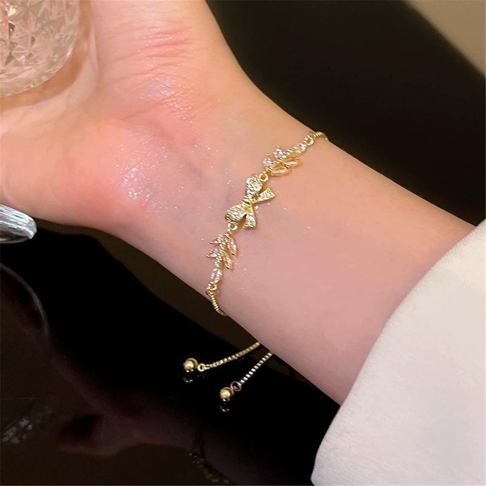 Crystal Fashion White Zircon Stone Bowknot Bangle Bracelets For Women Trendy Gold Color Wedding