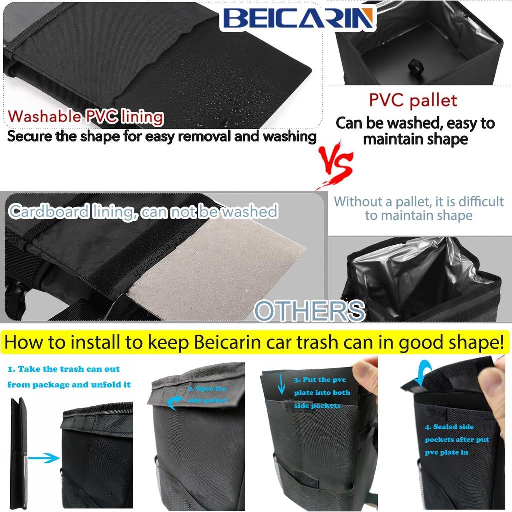 Car Trash Can With Lid - Trash Bag Hanging With Storage Pockets Leak-Proof SUV Organizer Collapsible And Portable Waterproof Truck Garbage Bin, 2.6