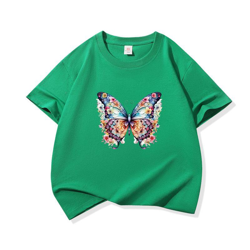 Kids Cotton T Shirt Colorful Floral Pattern Butterfly Print Crew Neck Short Sleeve Tee Casual Boys Girls Summer Tops