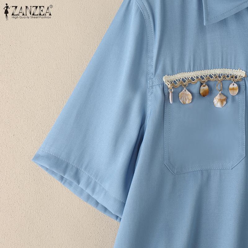 ZANZEA Women Summer Turn Down Collar Casual Short Sleeve Blouse