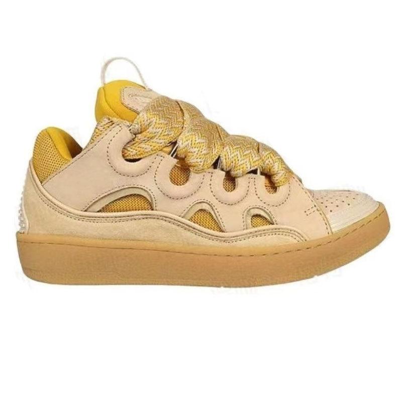 Langfan Men's and Women's Leather Splicing Lace-up CURB Sports and Leisure Shoes Retro Board Shoes New Shoes