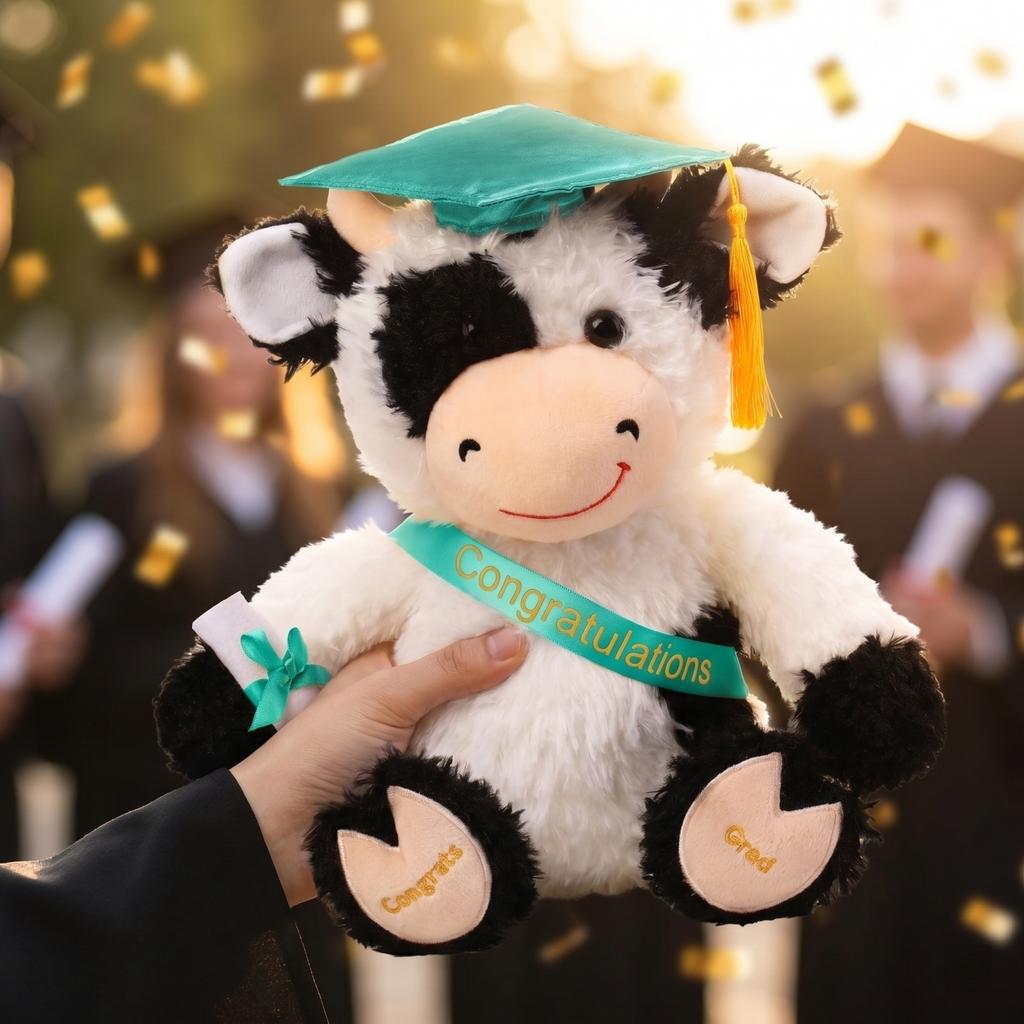 Plush Graduation Cow Toy Soft Stuffed Animal with Graduation Cap and Sash Holding Diploma for Graduation Celebration Gift