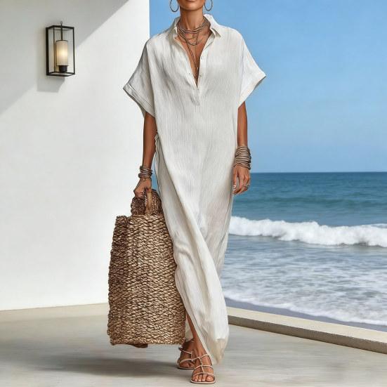 Summer Cotton Linen Dress for Women Short Sleeve Button Up Long Dress Casual Loose Beach Tunic Sundress
