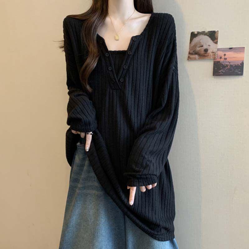 Großformat V-Ausschnitt Geripptes Langarm-T-Shirt für Damen - Herbst/Winter Schlankmachend Lockere Passform