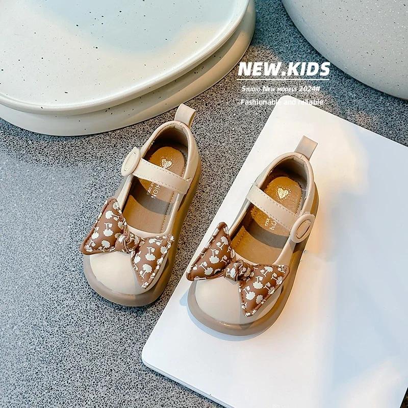Girls' Dance Shoes Casual Soft Sole Kids Flat Shoes with Sweet Bow 2024 New Fashion Girls' Princess Shoes Solid Color Versatile