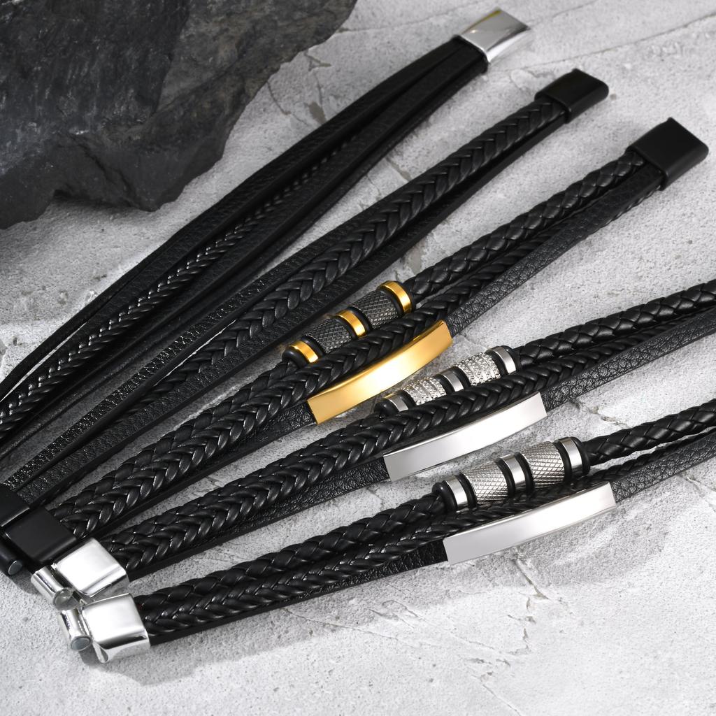 Black Multi Layers Leather Bracelet for Men,Metal Tube Charm Handmade Braided Rope Leather Bracelet,Gift for Husband Dad Son