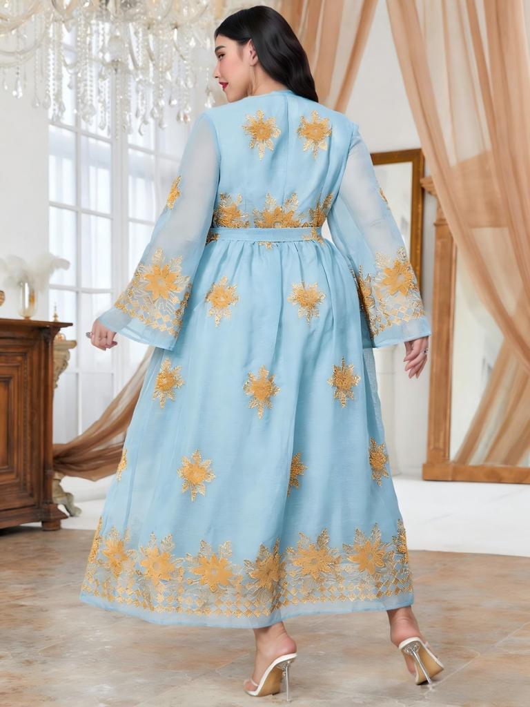 Middle East Plus Size Women's Sky Blue V-Neck Dress with Gold Trim