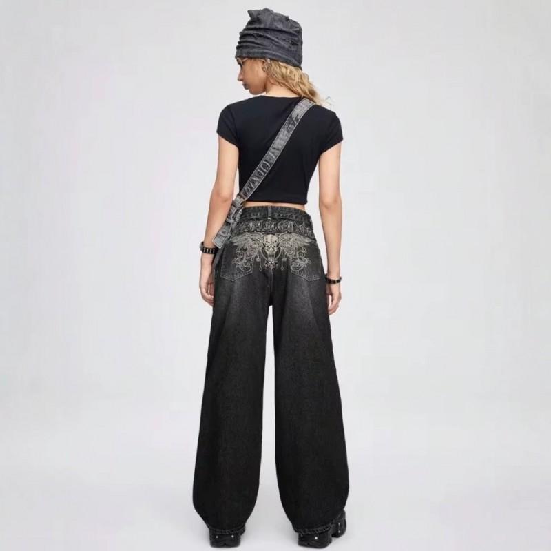 Womens Wide Leg Straight Cut Denim Pants With Embroidered Dagger Detail Loose Fit Streetwear Style