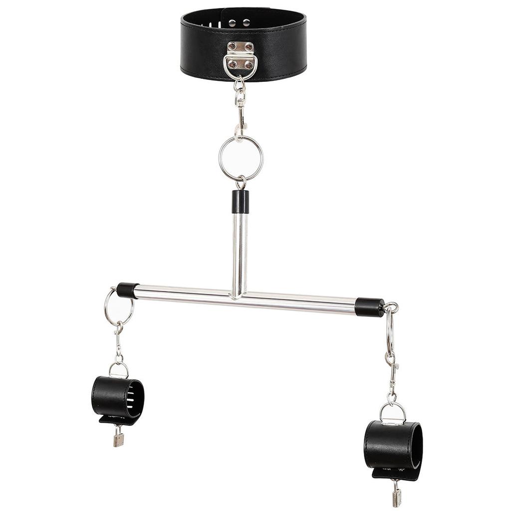 PU Leder Halsband & Arretierbare Handschellen Spreizstange Set Erwachsenen Neuheit Fessel(Schwarz) Spreizstangen