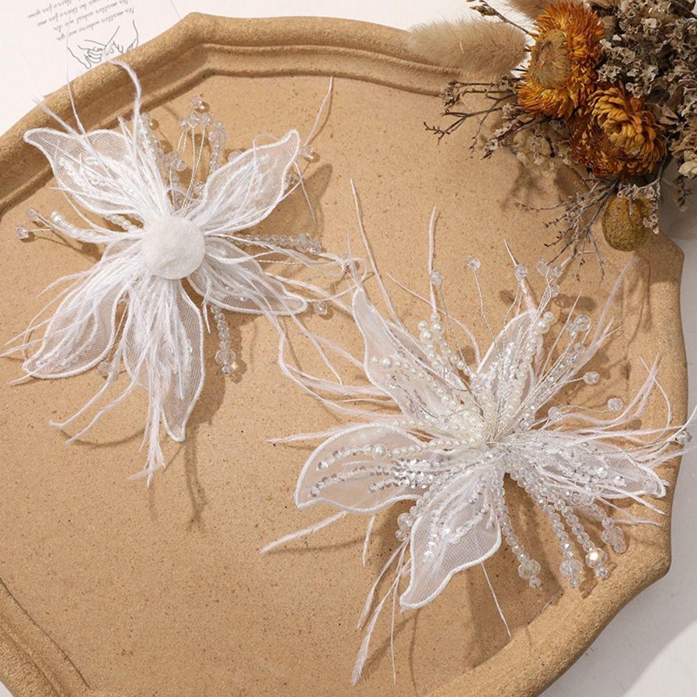 Feather Pearl 3D Organza Flower Patch Crystal Flower Lace DIY Sewing Decals Twisted Wire Handmade Applique Decorative
