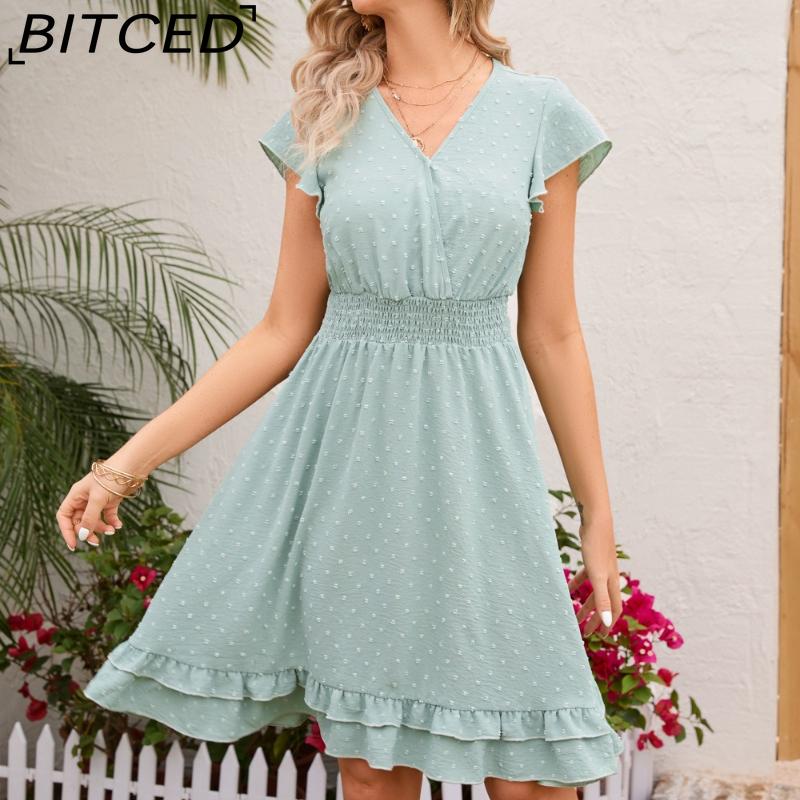 

BITCED Women s Spring/Summer Waist-Defining V-Neck Dress Vacation Casual Short-Sleeve Slimming Dress XXL