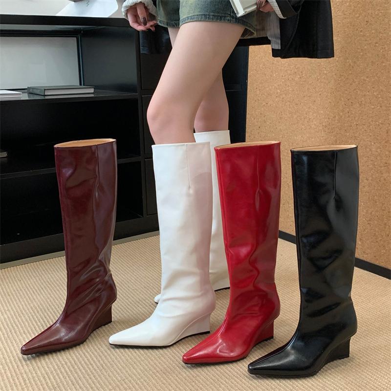 Eilyken Autumn Winter Design Pointed Toe Women Knee High Boots Ladies Shoes Wedges Heels Modern Long Booties Largas Mujer
