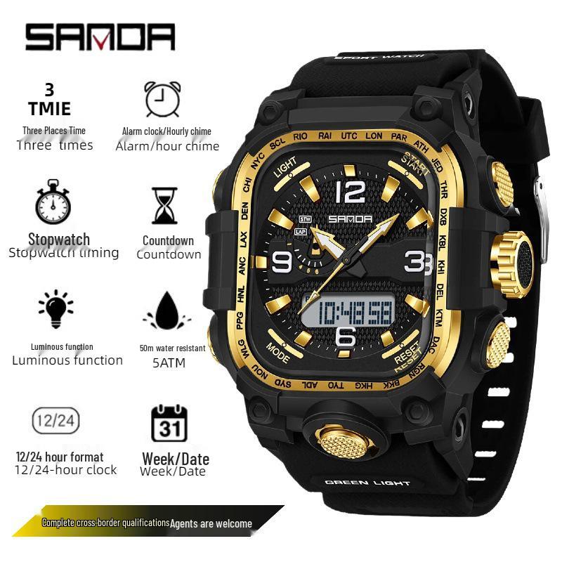 SANDA Waterproof Multifunctional Square Wristwatch with Snooze Alarm for Students