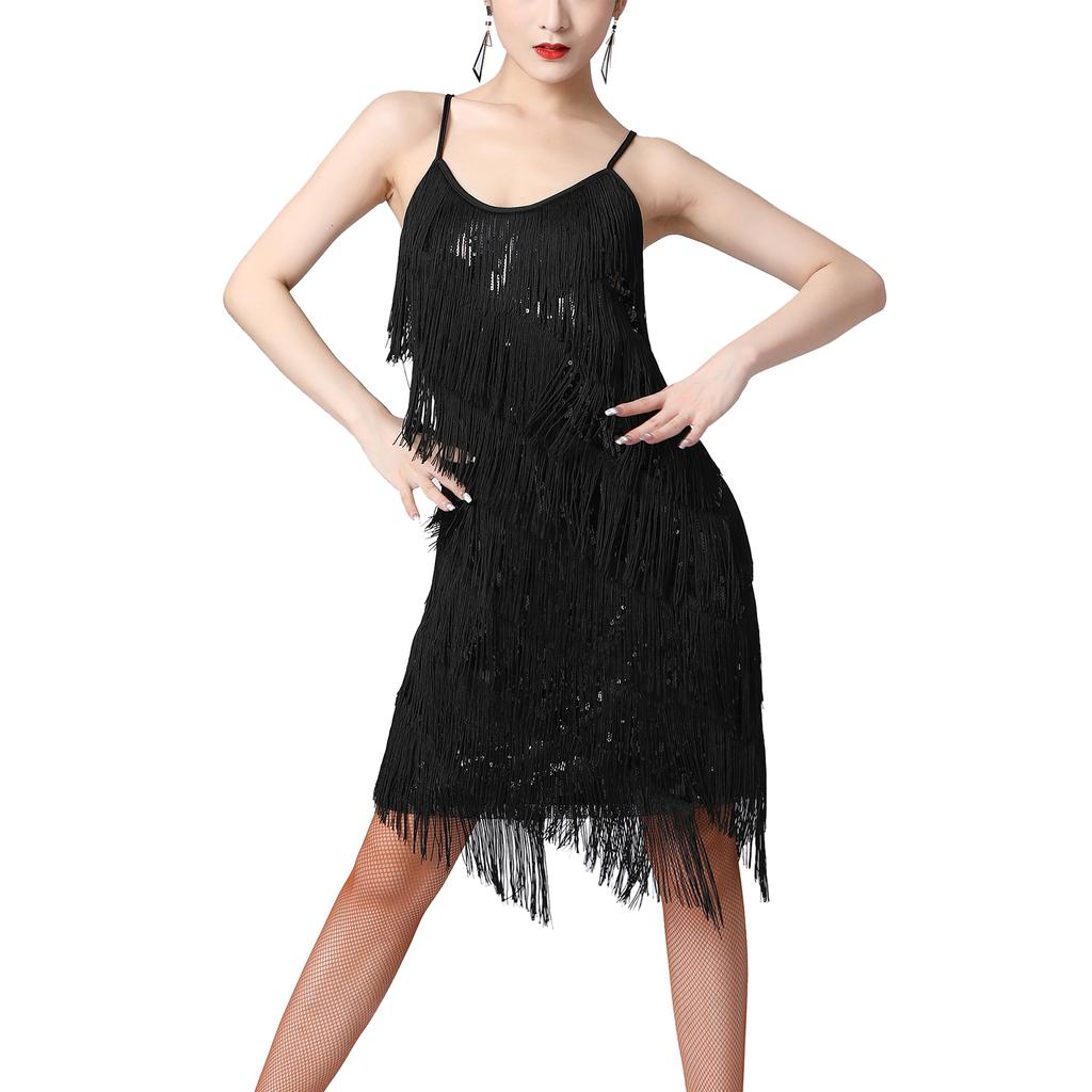 Damen Glitzerndes Pailletten Fransenkleid Samba Tango Lateinischer Tanz Kostüm Verstellbare Spaghettiträger Quastenkleid