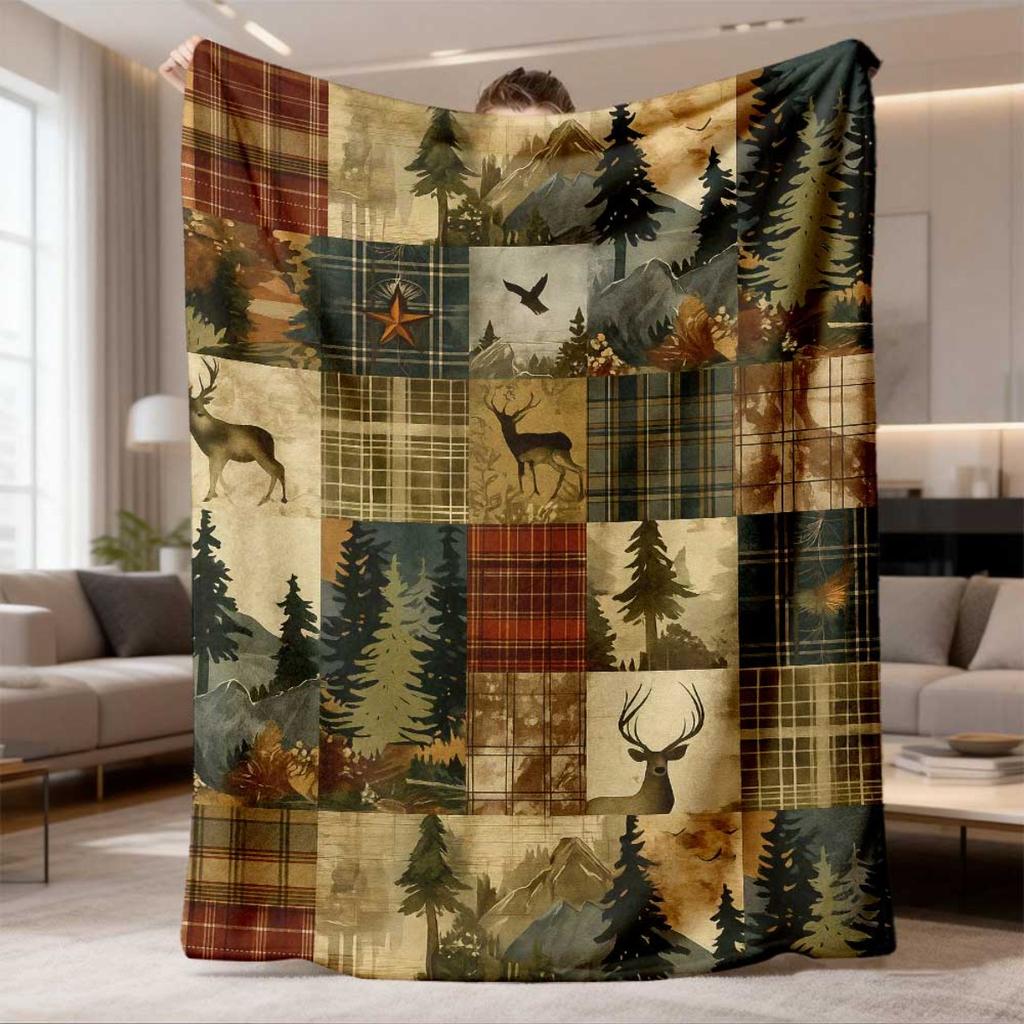 2026 New Arrival Flannel Blanket 1pc Soft Flannel Tree & Deer Print Blanket Cozy AllSeason Throw for Bed, Travel, Camping, Living Room, Office, Sofa C