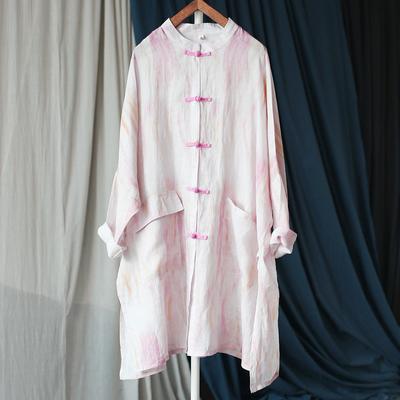 Women Chinese Style Long Shirts Stand Long Sleeve Blouses Autumn Button Patchwork Pockets Vintage Shirt