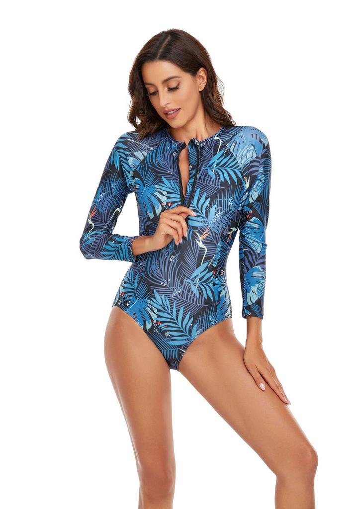New Women's Long Sleeve One-Piece Swimsuit - European American Solid Color Patchwork Surfing Suit