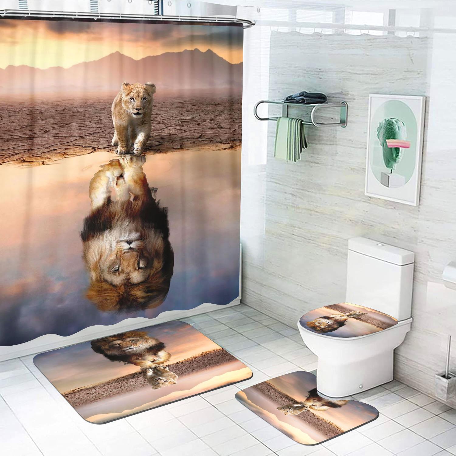 

Lion King Simba Shower Bath Set Cute Cartoon Curtain Luxury Accessories Sets Full Mats, Gifts for Boys 4 Pcs 4pcs-Set