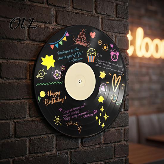 Decorative Vinyl Record Display DIY Graffiti Clock Ornament, Reusable Blank Acrylic Retro Tabletop Multi-color Marker Craft Wall Decor with