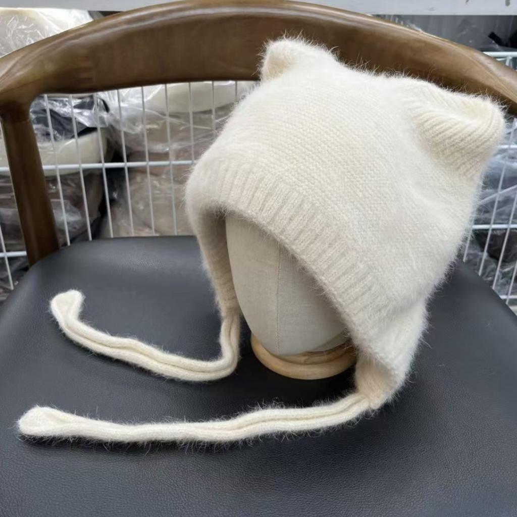 High quality Internet celebrity sweet cute cat ears plush rabbit fur hat women's autumn and winter outdoor cold knitted warm hat