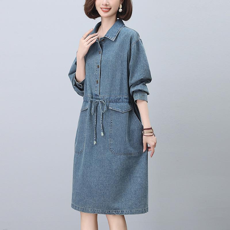 

Женское джинсовое платье-рубашка весна-осень 2024 с отложным воротником - Повседневное, Свободное, Приталенное, Средней длины XXL 135-145 jin