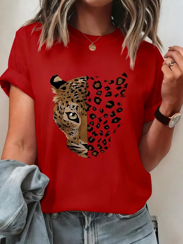 T-shirt d'été vintage pour femme avec imprimé léopard et graphique tigre, manches courtes, respirant, décontracté, col rond, vêtements pour femme