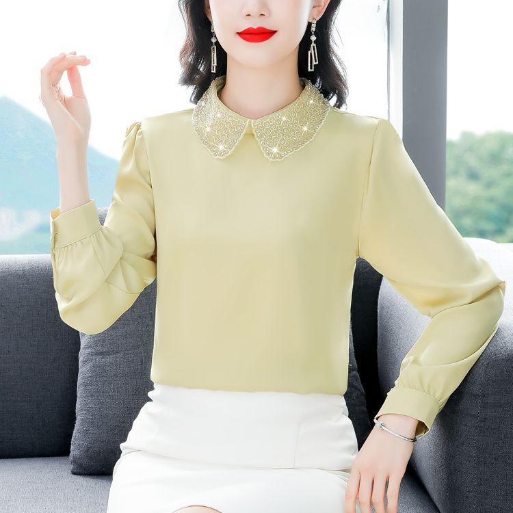 Elegant Rhinestone Long Sleeve Shirt Loose Fit Women Blouse Spring Autumn Trendy Plus Size Top Slimming