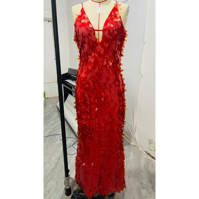 European and American Women s Sequined Long Dress, Sexy Gown for Parties, Deep V-Neck Strap Dress, Beaded Long Dress. Red S