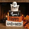 Decorative Seasonal Gifts Halloween Ghost Decoration, Wooden Sign Tiered Tray Ornament, Farmhouse Flexible Layered Wood Blocks Tabletop Centerpiece