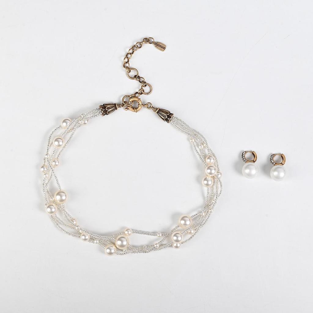 Vintage Romantický Francouzský Vícevrstvý Hvězdný Choker a Sada Perlových Náušnic