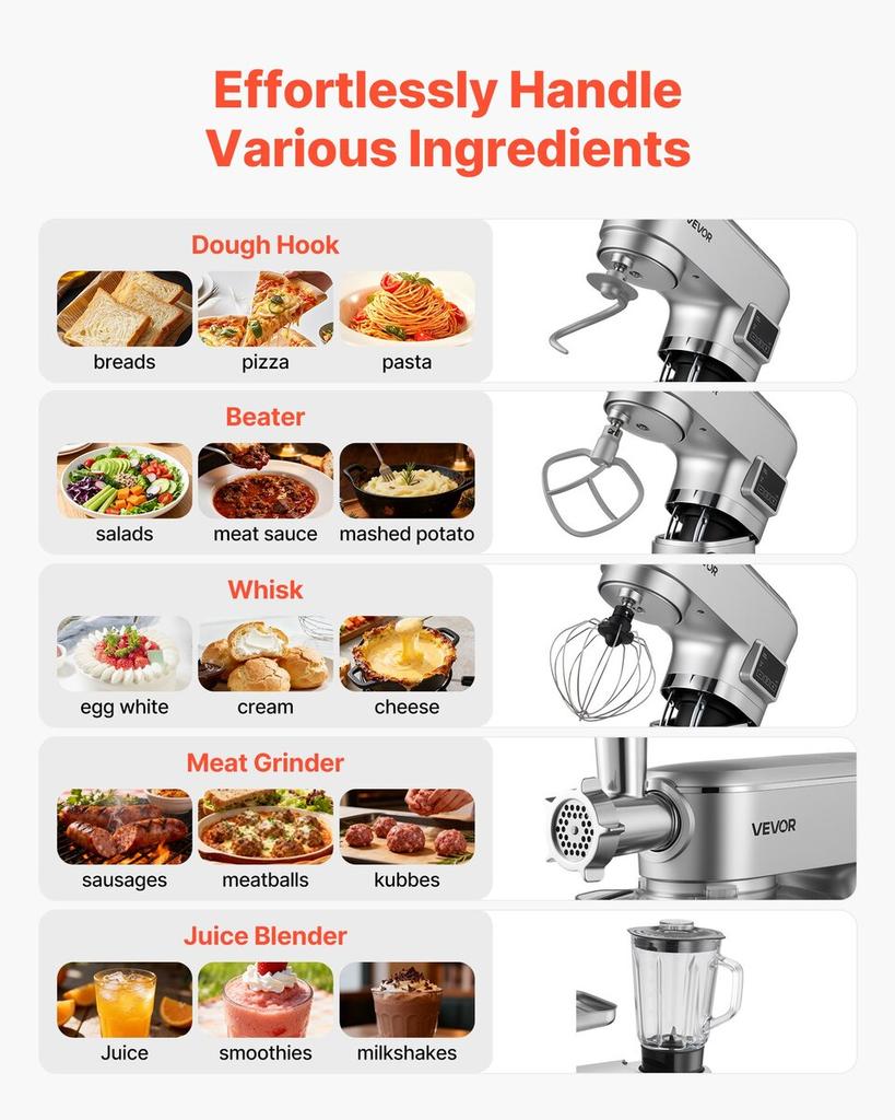 Küchenmaschine, 5,7 L Elektrische Küchenmaschine, 1500W Teigkneter, 6+P Geschwindigkeiten Kippkopf Lebensmittel-Mixer mit 1,5 L Mixbecher, Edelstahlschüssel, Teig