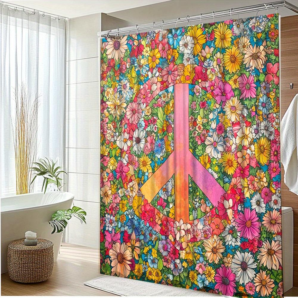 1Pc Vibrant Floral Peace Sign Shower Curtain - Colorful Flowers & Symbolic Design, Polyester Fabric Bathroom Dcor With 12 Hooks