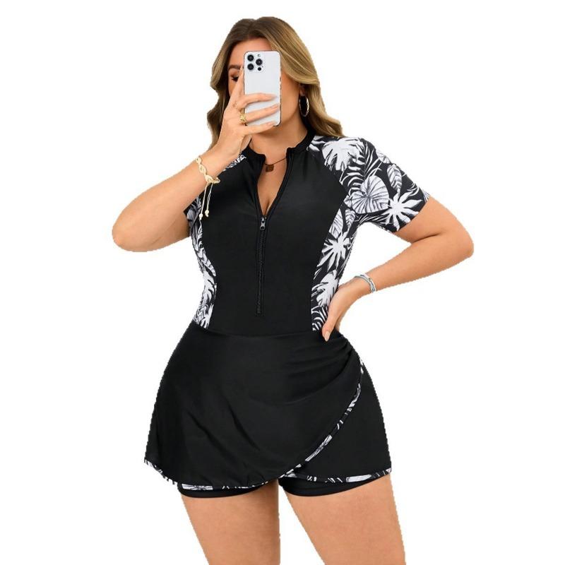 Women Plus Size Two Piece Short Sleeve Zipper Tankini Swimsuit