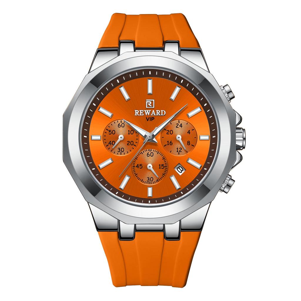 Men's Quartz Watch with Silicone Band, Multifunctional Design, Three Subdials, Six Hands, and Calendar.