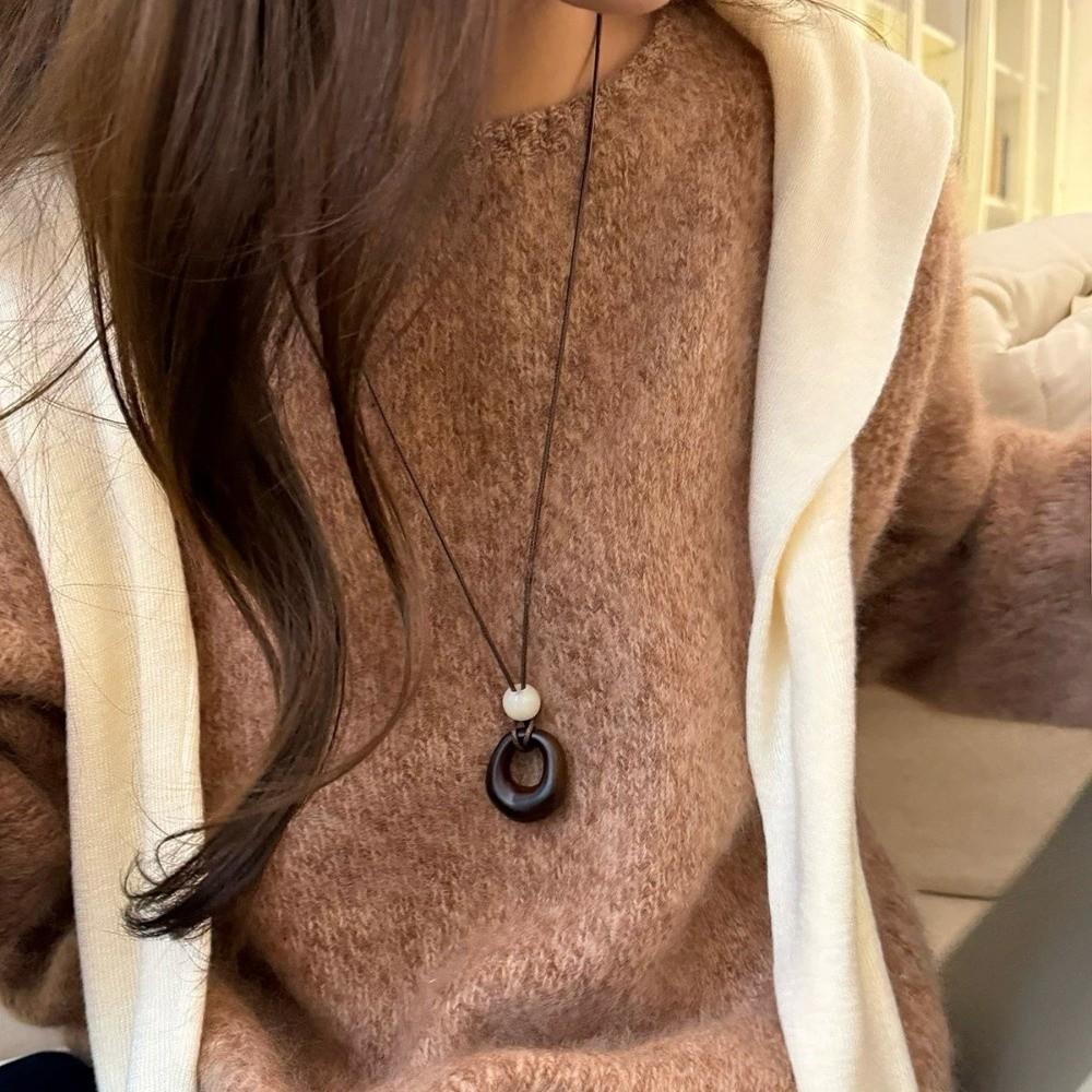 Leather Rope Geometric Pendant Necklace Adjustable Length Sweater Chain  Women