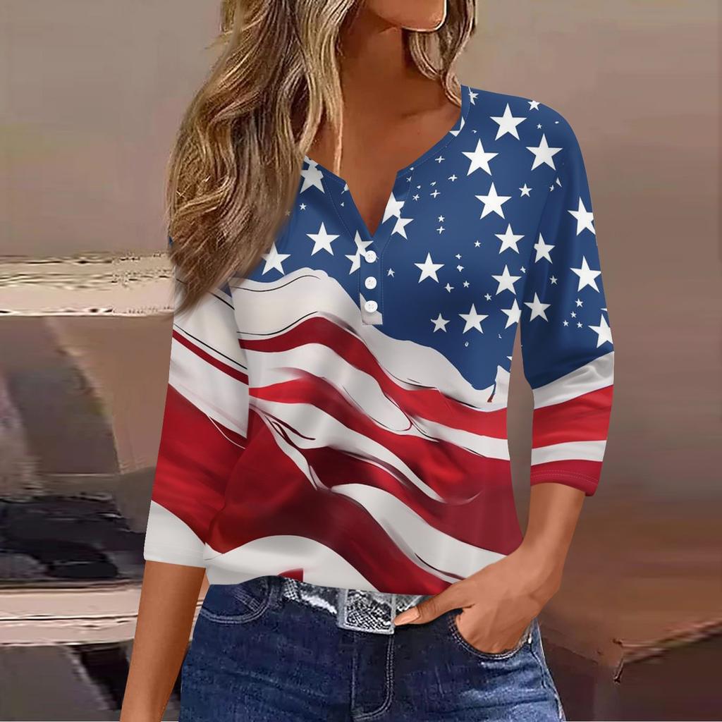 Women's Fashion Casual Independence Day American Flag Stars and Stripes Print Collar V-Neck Three-Quarter Sleeve Decorative Button-Up T-Shirt Top