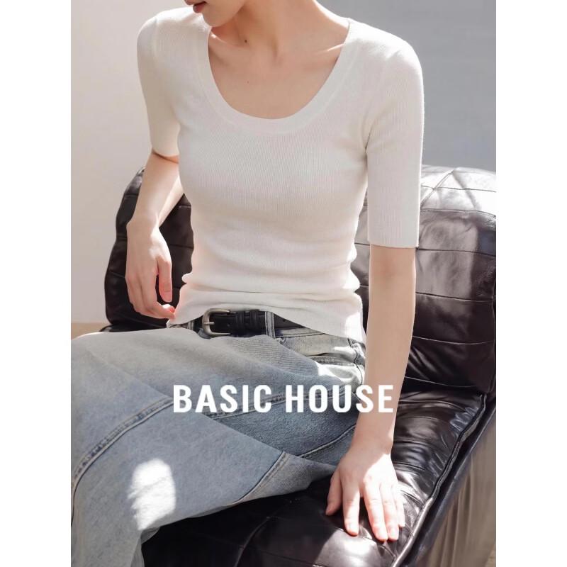 Basic House Women s French Style Short Sleeve U-Neck Knit Top M
