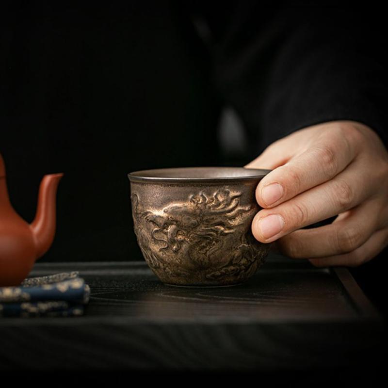 Vintage Ceramic Tea Cup with Dragon Design, Large Capacity Kung Fu Tea Set, Antique Oriental Tea Mug for Gongfu Ceremony