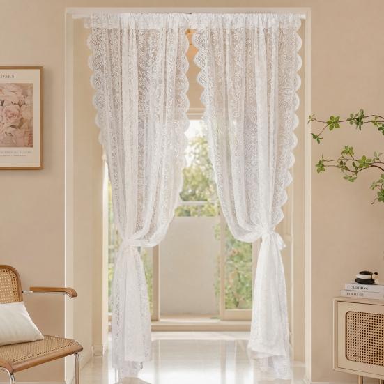 1 Panel White Lace Door Curtain, Sheer Room Divider Curtain, Retro Scalloped Floral Lace Curtain with Rod Pocket for Bedroom Balcony
