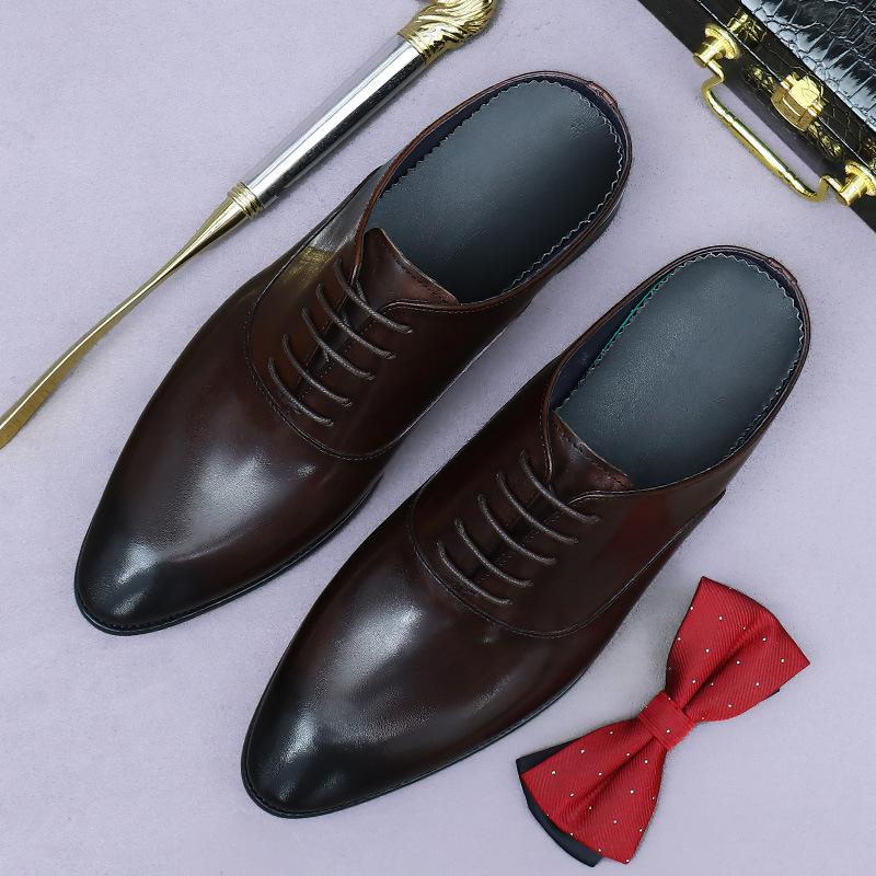 

Деловая кожаная сумка на шнуровке, кожаные полуботинки на шнуровке, мужские тапочки, мужские без каблука 46 темно-коричневого