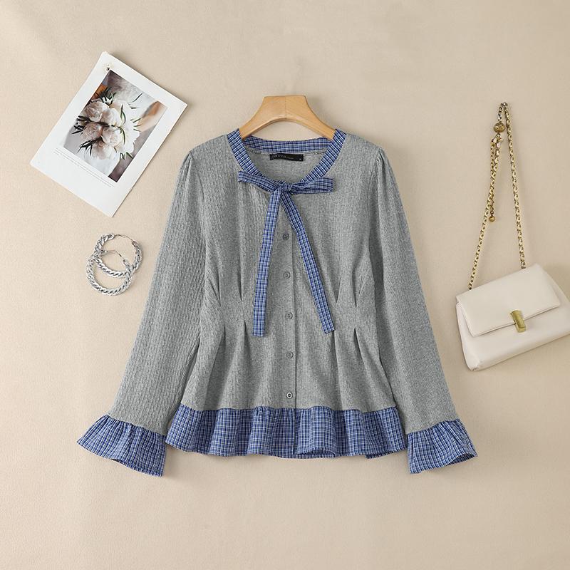 ZANZEA Womens Round Neck Casual Plaid Patchwork Long Sleeve Blouse