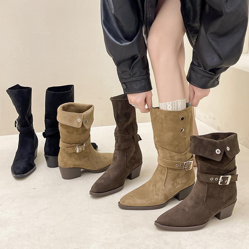 Retro round head belt buckle medium boots thick heel 2025 autumn and winter new thick sole, thin and high western cowboy boots casual