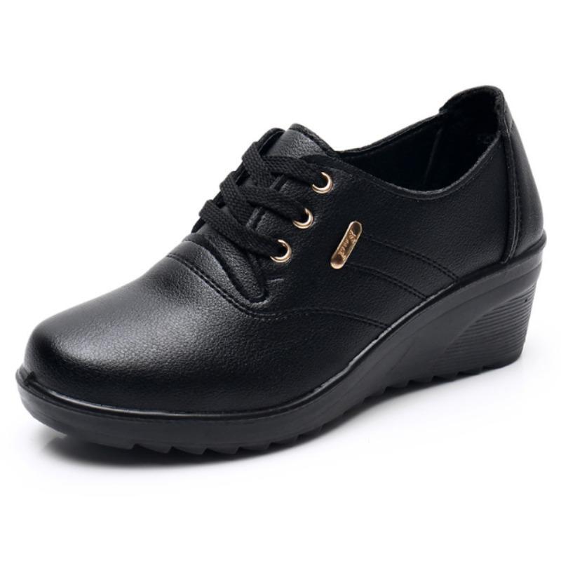 Spring Autumn Fashion Women's Shoes Woman Soft Leather Wedge Single Shoes Mother High Heels Comfort Black Work Shoes