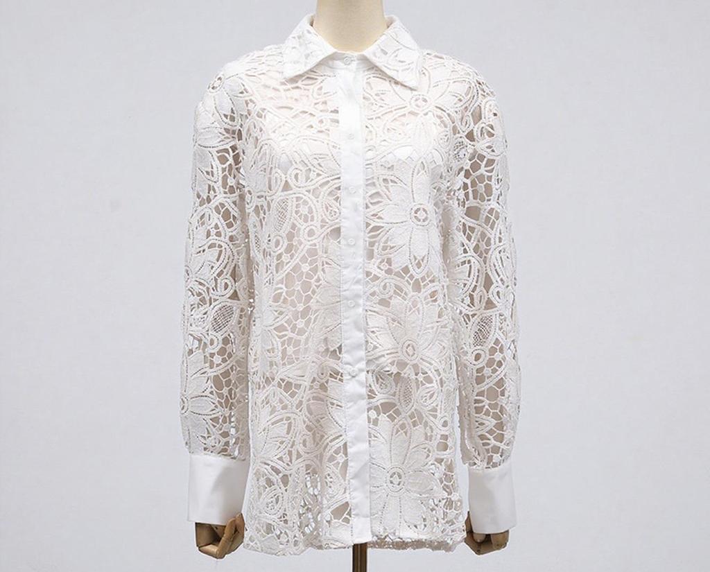 2025 French Fashion Lace Floral Long Sleeve Tunic with Turn-Down Collar