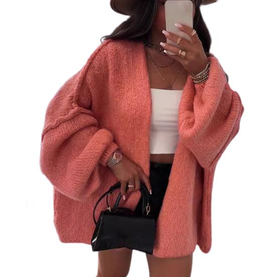 Kadın Hırka Kazak Fener Uzun Kollu Düz Renk Büyük Boy Örme Hırka Açık Ön