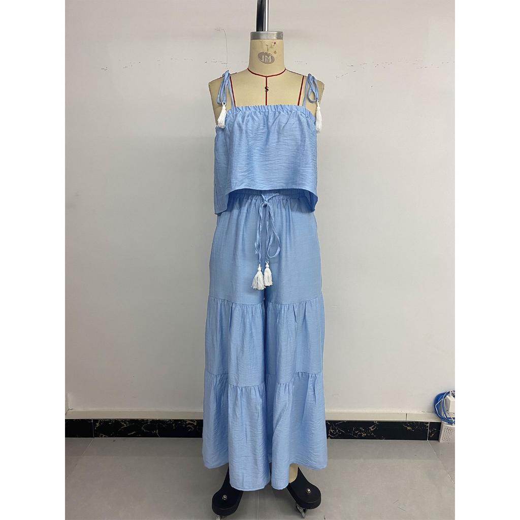 Summer Fresh Style Solid Color Cami Top + Wide Leg Pants Two Piece Set Outfit