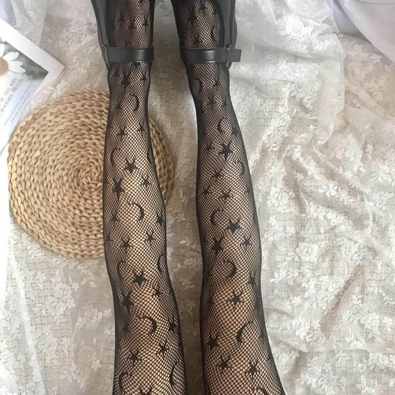 Lolita Sexy Jk Fishnet Stockings JK Girls Tights Black Star Moon Pattern Pantyhose Ladies Stocking Big Elastic Girls WomenTights