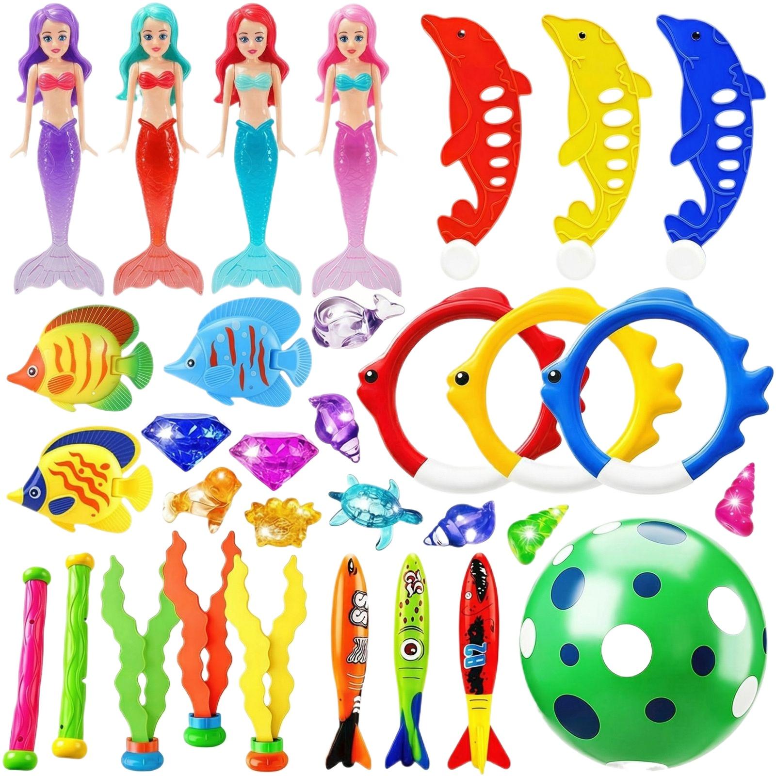 

Children Diving Treasure Hunt Toy Set with Mermaids Dolphins Fish Rings Gems Sticks Torpedoes Pool Ball for Water Play Activities One Size