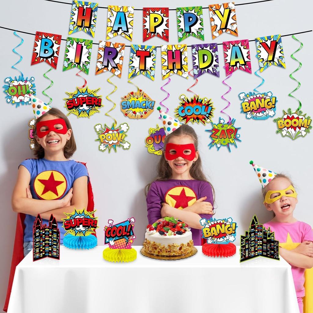 27pcs Super Theme Party Decorations Set Hero Birthday Banner Hanging Swirls and Honeycomb Centerpieces Fun Hero Theme Party Decor for Boys Girls Kids